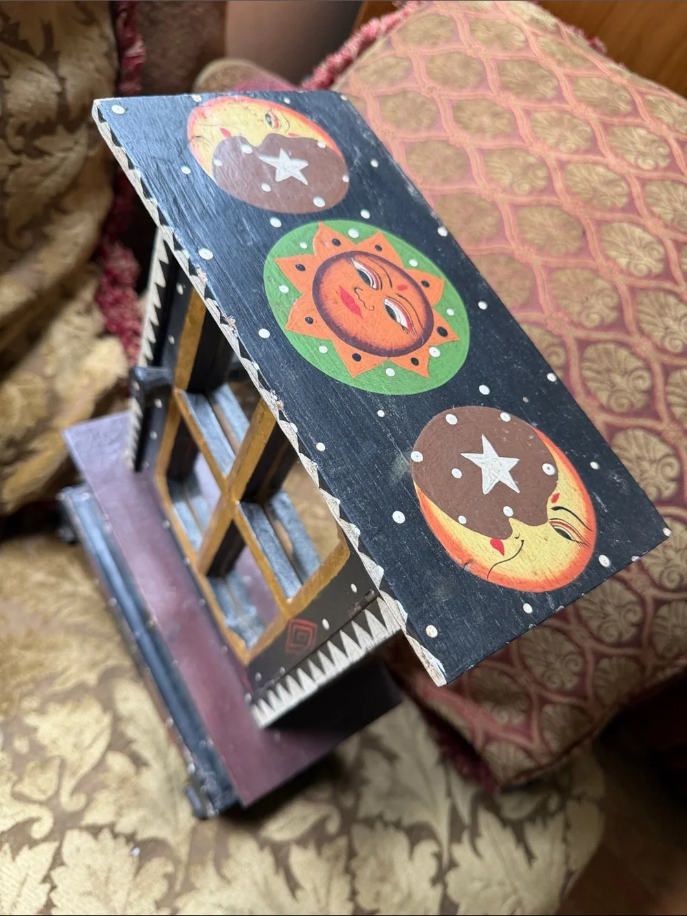 Hand-Painted Bohemian Vintage Wooden Jewelry Cabinet with Sun & Moon